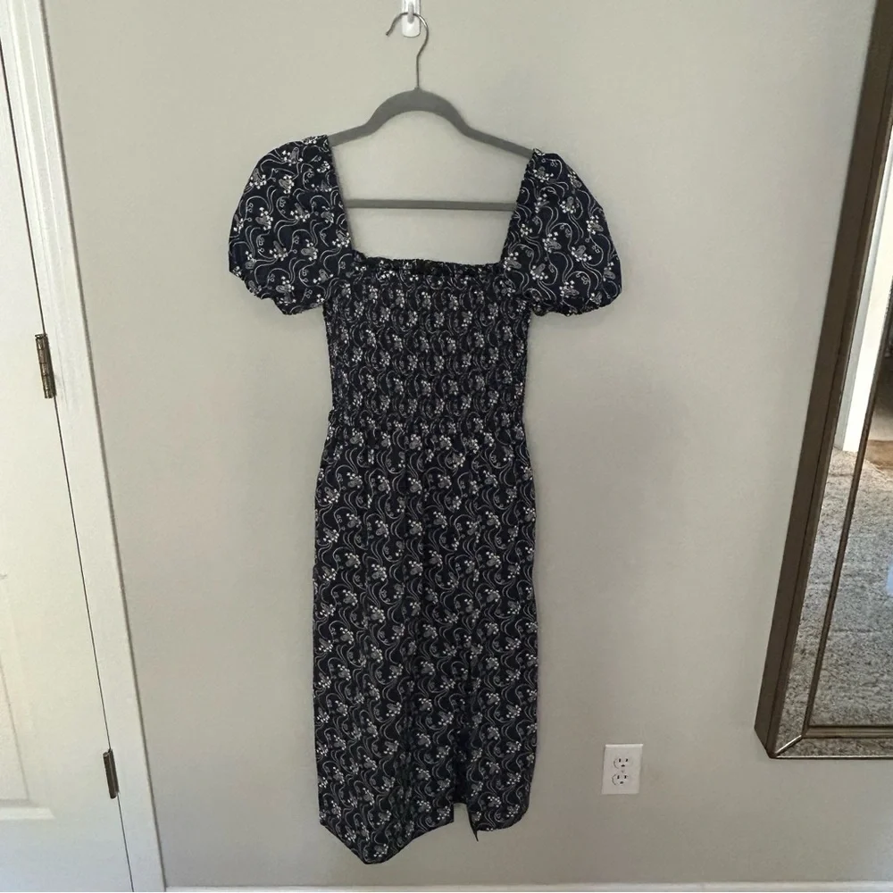 J.crew Short-Sleeve Smocked Navy and White Dress in Starry Swirl Size XS